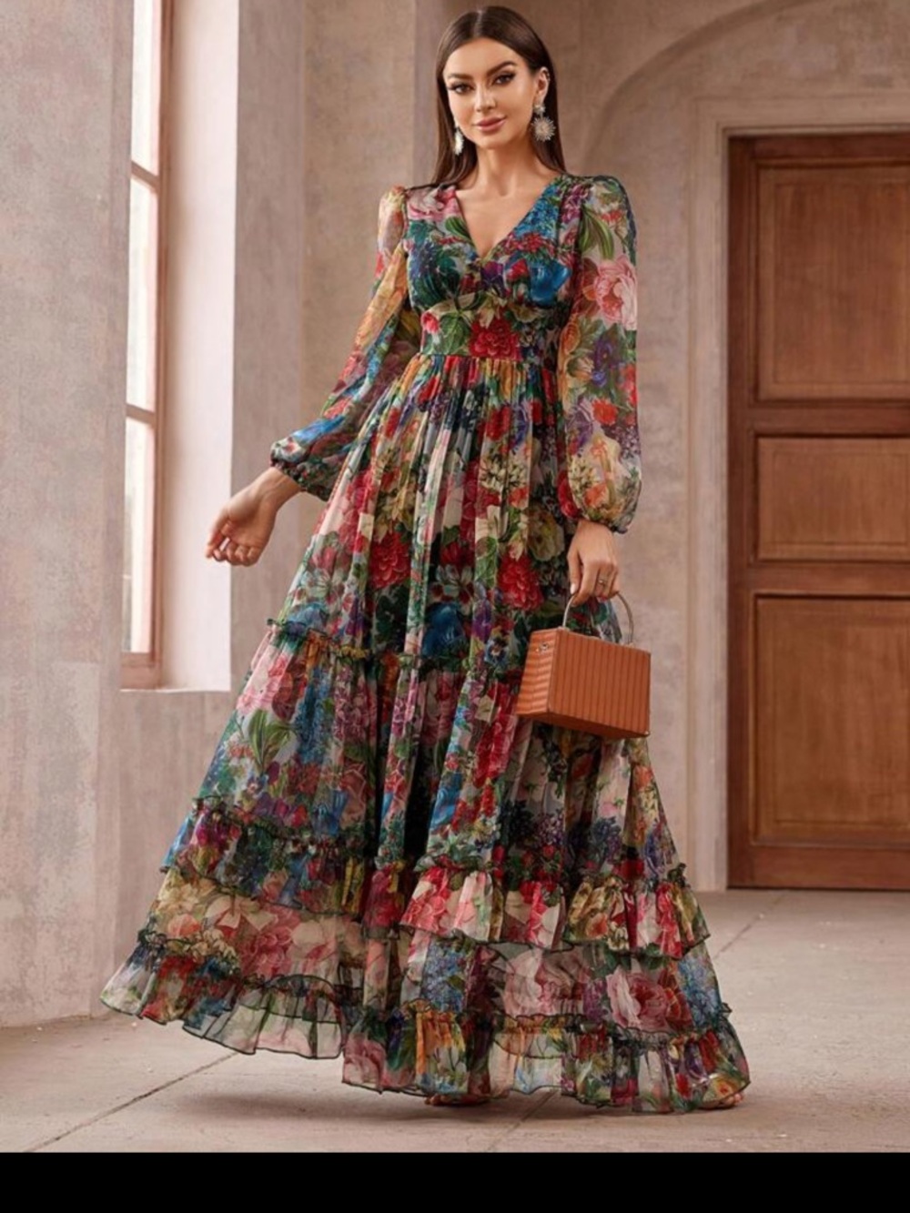 SHEIN Multicolor Floral V-Neck Long Sleeve Maxi Dress